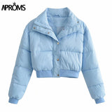 Christmas Gift Aproms Elegant Solid Color Cropped Puffer Jackets Women Winter Cotton Padded Soft Warm Coats Female High Fashion Outerwear 2021