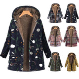 Kukombo Women Print Winter Coat Casual PlusSize Fluffy Fleece Cozy Women Coat Warm Long Sleeve Zipper Hooded Female Coat Outwear