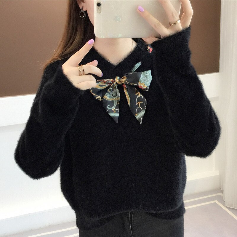 Christmas Gift 2021 New Autumn Winter Women Sweaters Knitted Jumper Bow Tie Pullovers Casual Sweaters Long Sleeve Slim Sweater Femme Pull P800