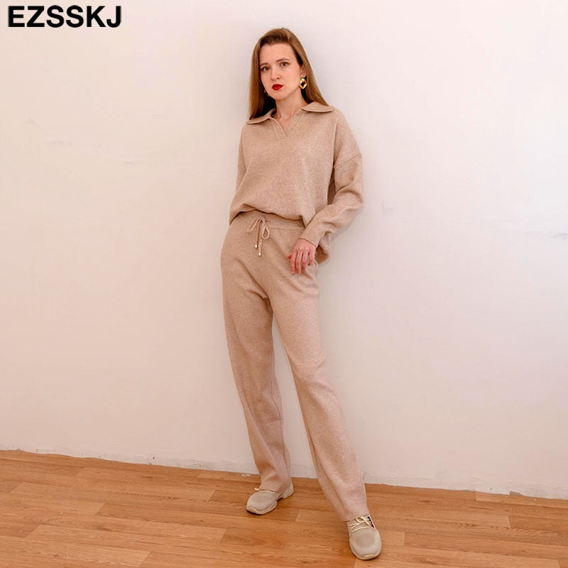 Christmas Gift 2 Pieces Set Women oversize Tracksuit polo collar Sweater Pullover straight pants Sweater Set CHIC Knitted Outwear sweater suit