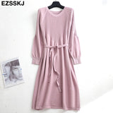 Christmas Gift 2021 autumn winter o-neck midi sweater dress women A-Line midi sweater dress with belt elegant a-line solid loose dress