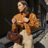 Kukombo Autumn Spring Solid Casual Jacket Women Female Chic Long Sleeve PU Leather Jacket With Quilted Lining Cropped Coat Outwear