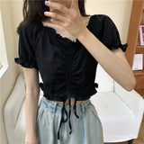 Kukombo Blouses Shirts Women V-Neck Summer Puff Sleeve Chic Korean Style Crop Top Pleated Lace-Up Sweet Slender All-Match Ins Womens New