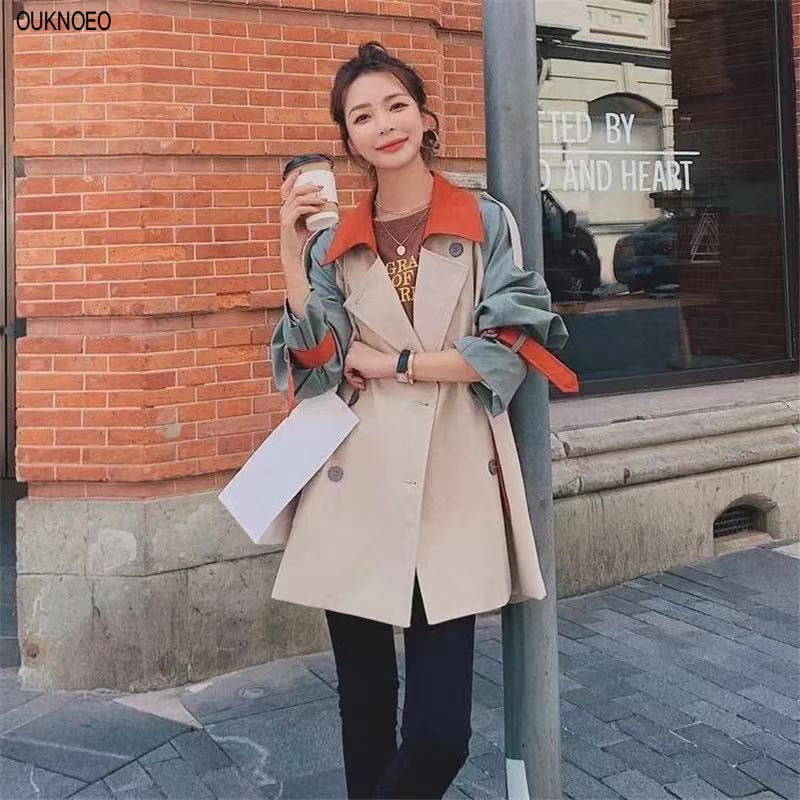 Christmas Gift Women's Windbreaker Long Sleeve Spring Matching Lapel Korean Preppy Style Coat Girl Long Thin Coat 2021 Woman Manteau De Printem