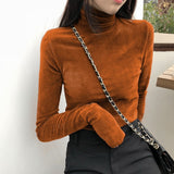 Kukombo Women's Soft Fleece Turtleneck Shirt Solid Long Sleeve Velvet T-Shirt Autumn Fitness Vintage Girls Bottom Tops Women Clothing