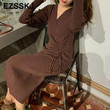 Christmas Gift pure color  2021 thick dress warm autumn winter maix sweater dress women bodycon v-neck Drawstring long dress female dress