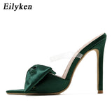 Christmas Gift Eilyken Silk Butterfly-knot Women slippers Mule high heels Slippers Sandals flip flops Pointed toe Strappy Slides Party shoes