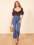 Kukombo Women Vintage Slim Elastic Tops France Floral Print Black Female Blouse Elegant Blusas Mujer De Moda Cuff Ties Chic