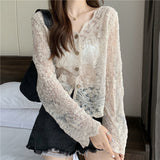 Kukombo Shirt Women Lace Summer Sun-Proof Simple Sexy Female Clothing Sheer Tops Preppy V-Neck Casual Trendy Harajuku Basic Korean New