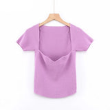 Kukombo Aproms Green Square Neck Ribbed Knitted T-shirt Women Sexy Solid Color High Strench Tshirt Cool Girls Street Style Crop Top 2024