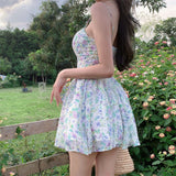 Kukombo  Sexy Strap Floral Dress Women Designer Korean Elegant Sweet Mini Dress Sleeveless Chiffon Slim Fairy Party Dress Summer 2022 New
