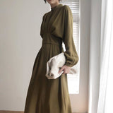 Kukombo Vintage Long Sleeve Elegant Autumn Bodycon Dress Women Women's Spring Slimming Pleated Stand Collar Midi Dress Dresses Female