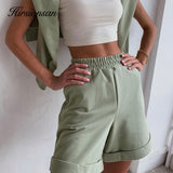Christmas Gift Hirsionsan Summer Cotton Sets Women Casual Two Pieces Short Sleeve T Shirts and High Waist Short Pants Solid Outfits Tracksuit