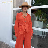 Kukombo Casual Loose Pink Two Piece Pants Set Women Fashion Long Sleeve Blouses Matching Wide Trousers Suit Lace-Up Pant Sets