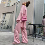 Kukombo Pink Satin High Waist Pants Set Women Elegant Long Sleeve Blouse Shirt Two Piece Pant Set Casual Wide Leg Trousers Suit