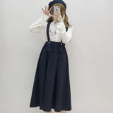 Kukombo Japanese Mori Girl Long Skirt Midi Women Summer Preppy Style Navy Blue Sundress With Two Pockets Students Cute Suspender Skirts