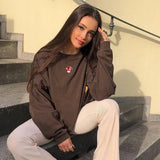 Kukombo Women Sweatshirt Casual Long Sleeve Mushroom Embroidery Top Spring Fashion Casual Round Neck Loose Slim Pullover Sweatshirt