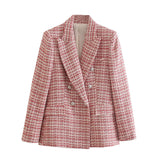 Kukombo Women Fashion Texture Double Breasted Check Blazer Coat Vintage Long Sleeve Pockets Female Outerwear Chic