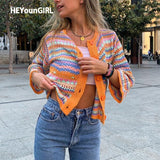 Christmas Gift HEYounGIRL Rainbow Striped Casual Knitted Cropped Cardigan  Vintage Fashion Long Sleeve Sweater Women Autumn Jumpers Ladies