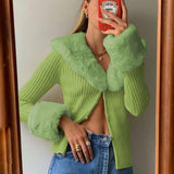 Kukombo Autumn Thin Furry Knitted Cardigan Sweater Women Vintage Elegant Chic Jumper Ladies Fashion Patchwork Knitwear Winter