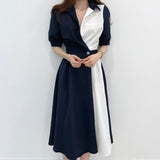 Christmas Gift Sexy Korean Chicc Summer French Lapel Design with Contrast Stitching One Waist Short Sleeve Dress
