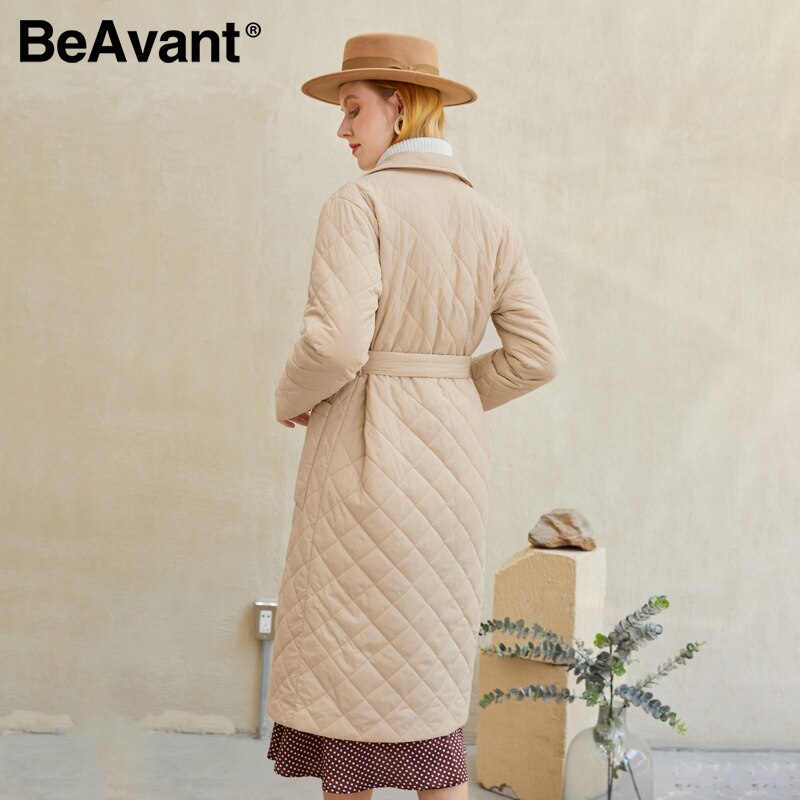 Kukombo Long straight coat with rhombus pattern Casual sashes women winter parka Deep pockets tailored collar stylish outerwear