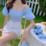 Kukombo Summer Elegant Two Piece Set Women Blue Plaid Casual Strap Blouse Tops+White Mini Pant Set High Street Holiday Sweet Suit 2022