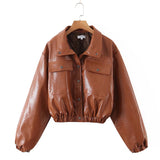 Kukombo Autumn Spring Solid Casual Jacket Women Female Chic Long Sleeve PU Leather Jacket With Quilted Lining Cropped Coat Outwear