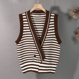 Kukombo 2022 New Spring Autumn Women Sweaters Striped Sleeveless Vest Waistcoat Knitted Vintage Wild Short Tops SWV3085JX