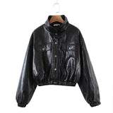 Kukombo Autumn Spring Solid Casual Jacket Women Female Chic Long Sleeve PU Leather Jacket With Quilted Lining Cropped Coat Outwear