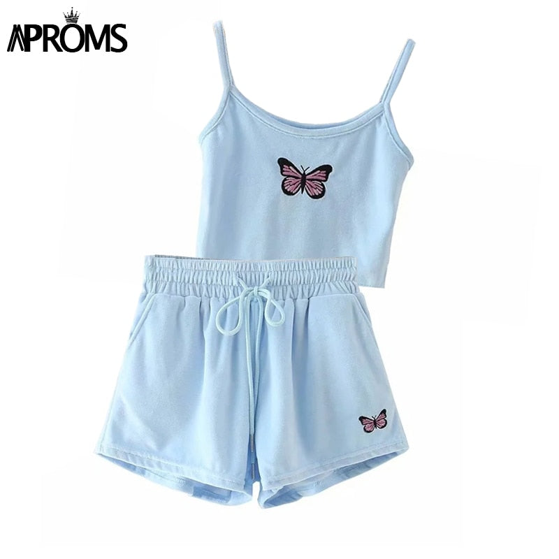 Christmas Gift Aproms Yellow Velvet Crop Top and Shorts Women 2 Pieces Set Summer Embroidery Cami Drawstring Shorts Female Loungewear Suit 2021