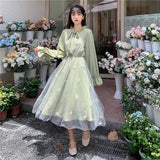 Kukombo Spring College Chiffon Long Sleeve Fairy Dress Party Green Dresses Kawaii Clothes Women Clothing Harajuku Korean Lace Fashion