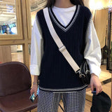 Kukombo preppy style v neck knitted sweater vest women autumn winter Patchwork sleeveless vest sweater Female pullovers Vest
