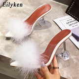 Christmas Gift Eilyken 2021 New PVC shoes Woman Feather Transparent High heels Fur Pumps Slippers Women Peep toe Mules Lady Pumps Slides White