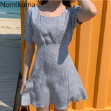 Kukombo Floral Printed Korean Dress Women Square Collar Short Sleeve Summer Dresses Slim Waist Vintage Fashion Vestidos 3b756