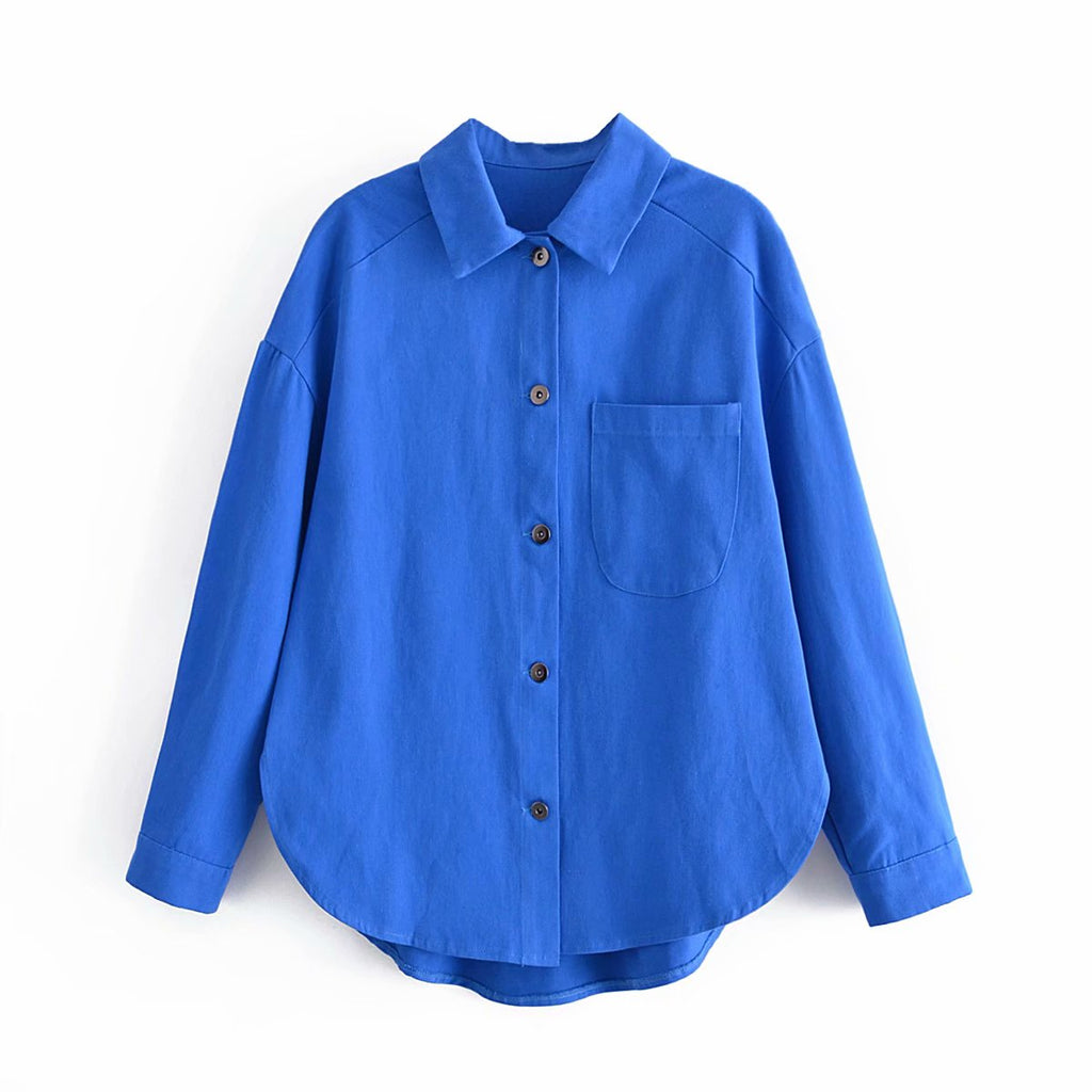 Kukombo Women's Blouse Autumn Fashion Cotton Shirt Long Sleeve Blue Shirt Ladies Vintage Casual Loose Pocket Top Women