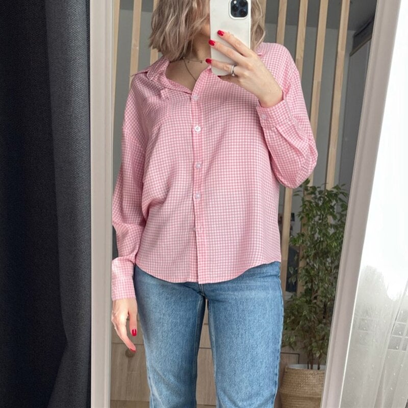 Christmas Gift  New 2021 Women Spring Summer Blouse Shirts Plaid Fashionable Checkered Oversize Buttons Wild Sweet Pink Tops BL1023