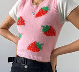 Kukombo Pink Sweat Cute Sleeveless Sweater Vest Women Casual Autumn Strawberry Tank Knitted Crop Top Fashion Streetwear