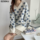 Christmas Gift oversize blue floral Sweater Pullovers Women winter autumn thick v-neck chic 2021 sweater long sleeve sweater top