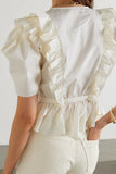 Kukombo Women Tiered Ruffles Crop Top Blouse 2023 Summer Loose Beige Sweet Slim Short Shirt Drawstring Peplum Top