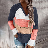 Kukombo 2022 New Female Hoodies Autumn Women Patchwork Hooded Sweater Long Sleeve V-neck Knitted Sweater Casual Striped Pullover Jumpers
