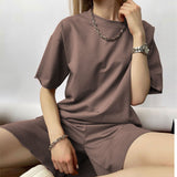 Christmas Gift Hirsionsan Soft Cotton Sets Women 2021 New Casual Two Pieces Short Sleeve T Shirts and High Waist Shorts Solid Outfits Tracksuit