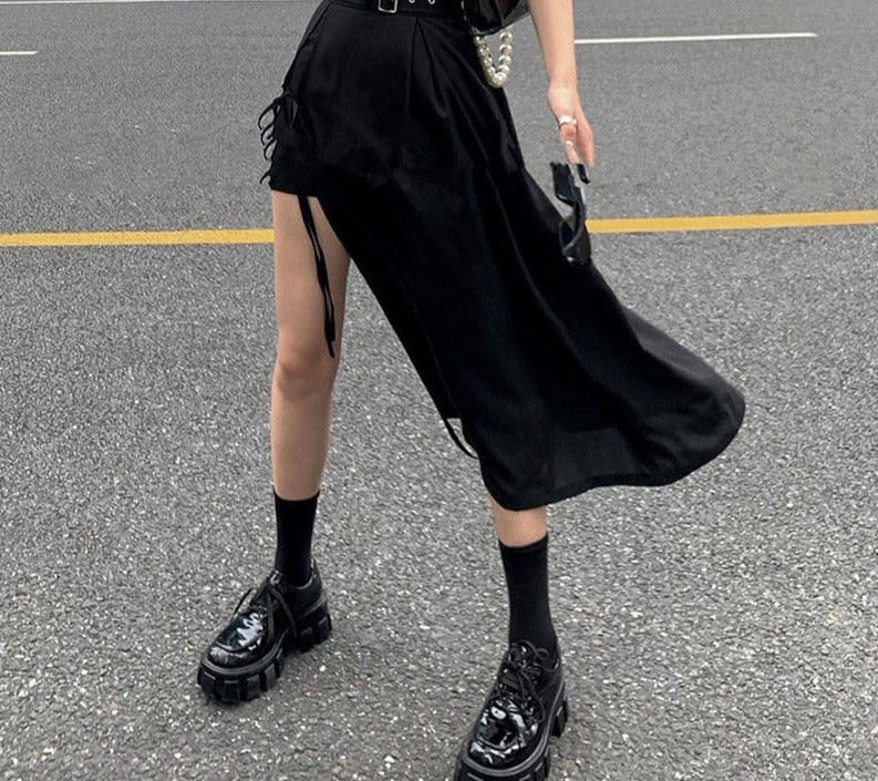 Kukombo Summer New Harajuku Lace Up Women Skirts Irregular Black High Waist Long Skirts Punk Gothic Chic Streetwear Saias Femininas