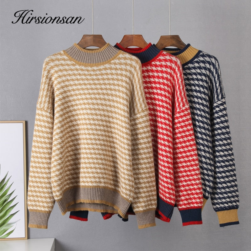Christmas Gift Hirsionsan Houndstooth Knitted Cashmere Sweaters Women 2021 New Winter Loose Ladies Pullovers Warm Casual Knitwear Jumper