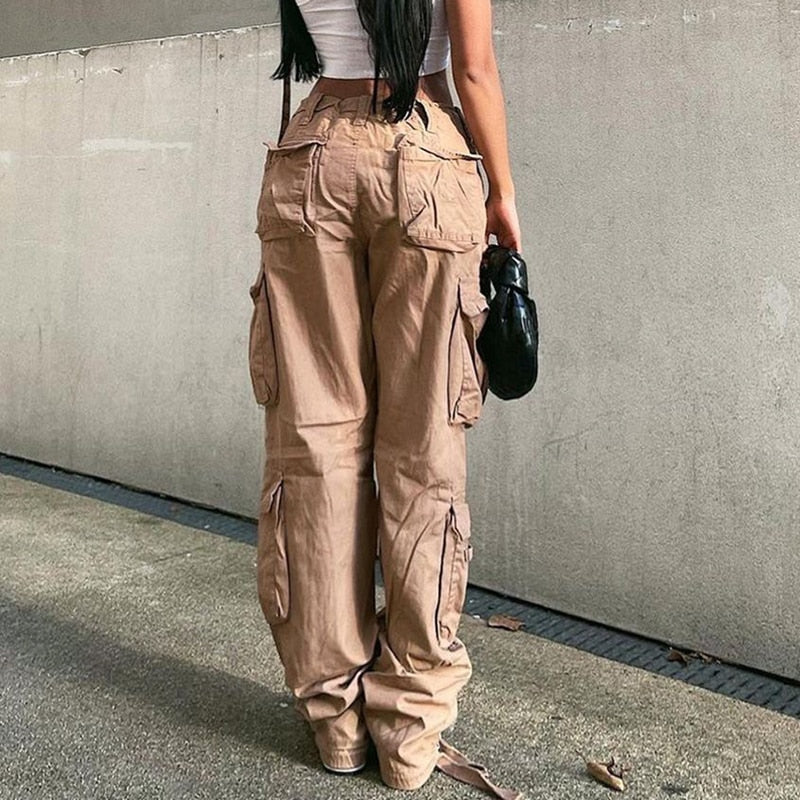 Kukombo Light Brown Big Pockets Casual Cargo Pants Women Low Waist Wide Leg Baggy Denim Trousers Vintage Oversized Jeans Street