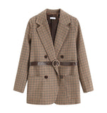 Kukombo Christmas Gift Vintage Houndstooth Winter Thick Women Jacket Blazer Sashes Plaid Female Suit Jacket with belt Long Sleeve blaser