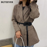 Christmas Gift BGTEEVER Autumn Winter Vintage Houndstooth Woolen Blazer Jackets for Women Double Breasted Belted Female Outwear with belt 2021