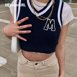 Christmas Gift HEYounGIRL Letter Print Knitted Tank Sweater Vest Women Sleeveless V Neck Vintage Crop Top Preppy Style Vintage Pullover