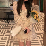 Christmas Gift 2022 Summer Sweet Floral Dress Women Elegant Mini Dress Bandage Beach One Piece Dress Korean Vintage Office Lady Long Sleeve