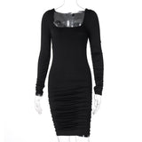 Kukombo Ruched Solid Women Long Sleeve Mini Dress Bodycon Party Elegant Streetwear Autumn Winter Club White Clothes
